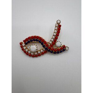 Vintage Patriotic Red White Blue Rhinestone Swirl Brooch Gold Tone